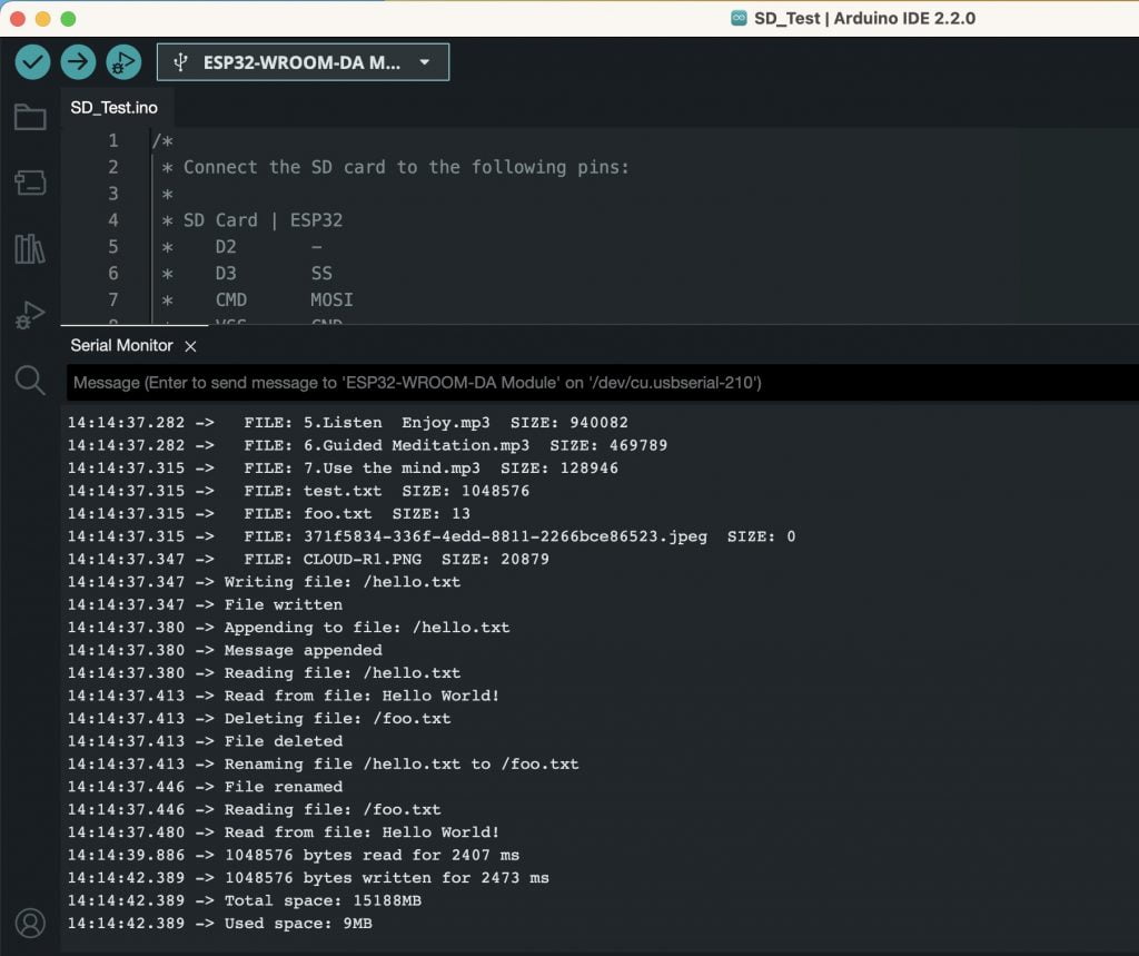 SD Card test program debug log on serial monitor